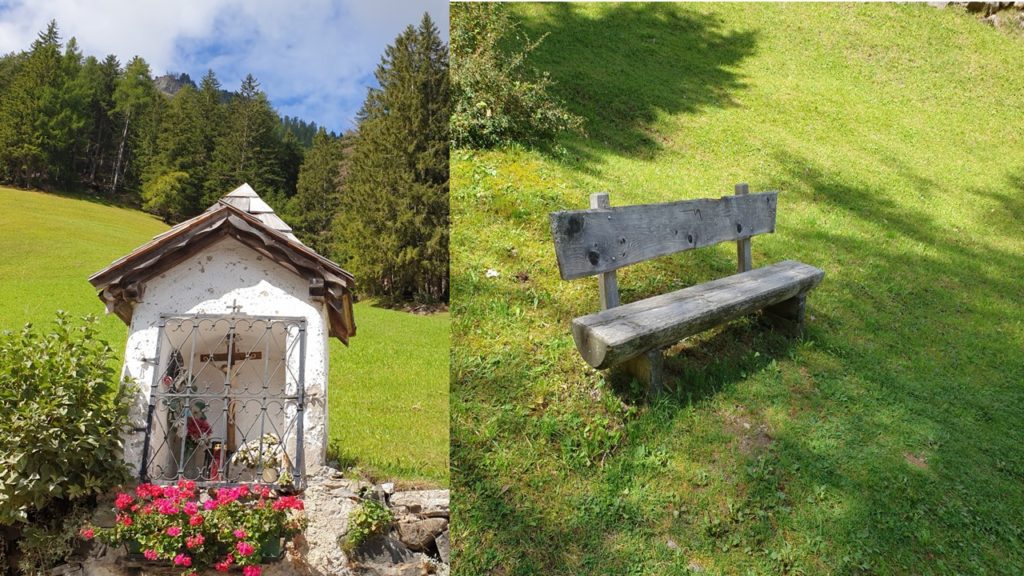 Impuls der Woche Ausruhen am Wegkreuz in Südtirol Bank am Wegesrand Wanderbank Ausruhen bei Jesus im Glauben zur Ruhe kommen Erholung neue Kraft tanken