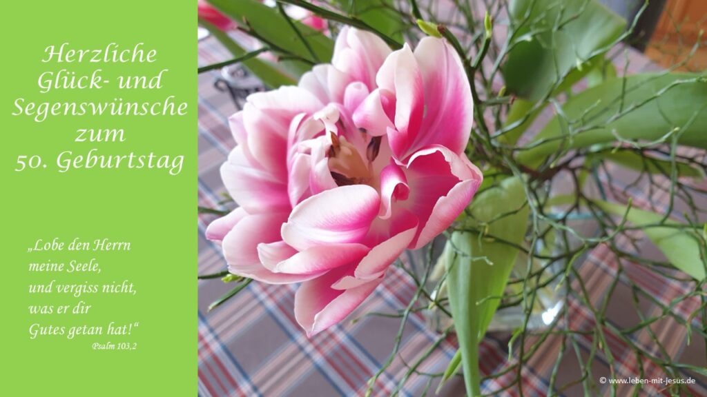 e-cards zum Geburtstag Geburtstagskarte Glückwunschkarte zum 50. Geburtstag besonders schöne e-card mit Blumen Tulpen Frühling e-card mit segensvers Bibeltext Bibelvers