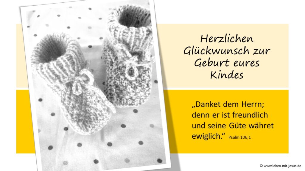 e-cards für verschiedene Anlässe christliche e-cards mit Bibeltexten Bibelversen Segenswünschen Glückwunschkarte zur Geburt eines Kindes besonders schöne e-cards mit Kinderschuhen gestrickte Kinderschuhe