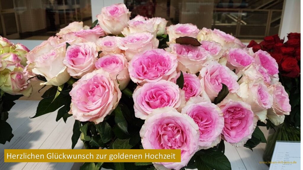 e-cards zur Hochzeit Ehejubiläum Goldene Hochzeit 50. Hochzeitstag christliche e-cards Glückwünsche besonders schöne e-card mit großer Rosenstrauß rosa